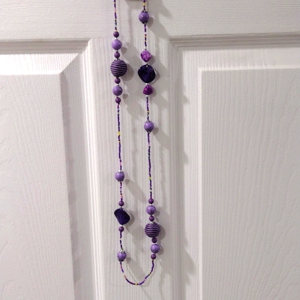 Women's Purple Colorful Various Sizes Beads Long Necklace Matching Earrings, 34"